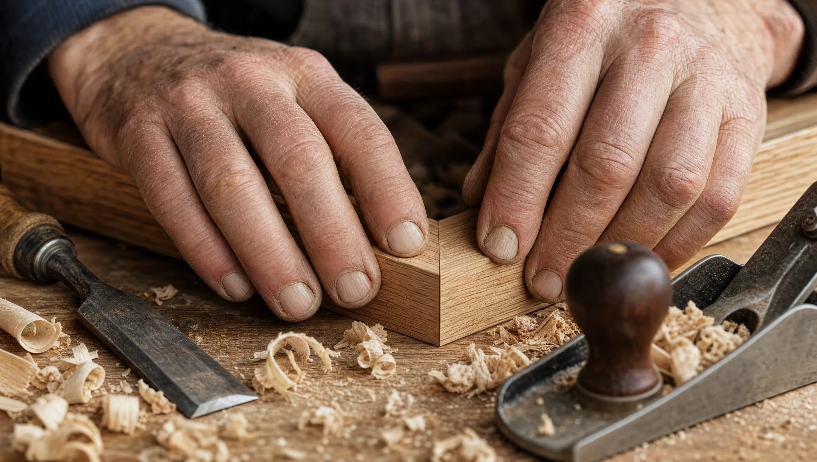 Close-up of hands fitting a mitred oak trim joint